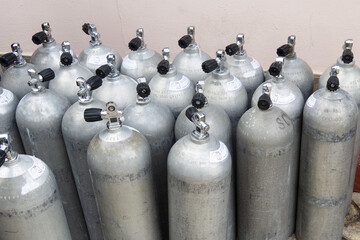 Scuba diving. Oxygen aluminum Tanks. A place to store oxygen cylinders for diving.