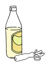 Glass bottle with lemonade, cap and opener