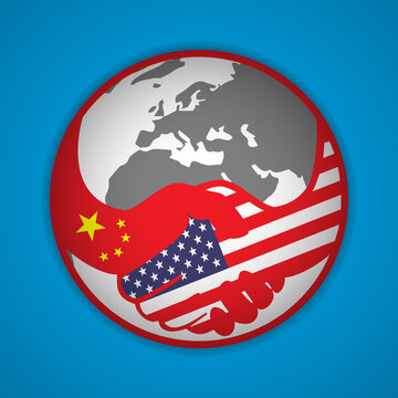 Handshake logo. Flags of USA and China. Economic cooperation. Partnership, frienship. Vector illustration. EPS10.