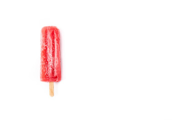 Strawberry popsicle isolated on white background. Top view. Copy space