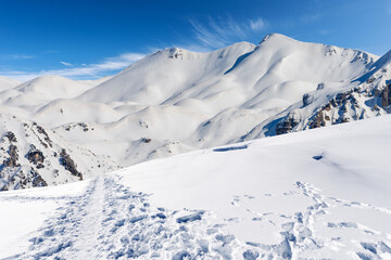 Fototapeta na wymiar Snowcapped mountain peaks in Italian Alps. Mountain range of Monte Carega (Small Dolomites) in winter, and Lessinia Plateau (Altopiano della Lessinia). Veneto and Trentino Alto Adige, Italy, Europe.