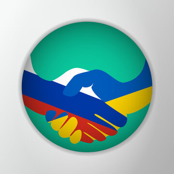Conflict Ukraine-Russia. Flags of Russia and Ukraine. Reconciliation, truce in Ukraine. Peace talks, negotiations. Handshake logo. Vector illustration. EPS10.