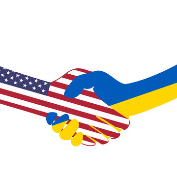 Handshake logo. Flags of USA and Ukraine. Support for Ukraine. Economic cooperation. Partnership, frienship. Vector illustration. EPS10.