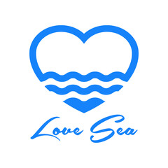 Logotipo con texto manuscrito Love Sea con silueta de corazón con olas con líneas en color azul