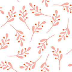 White seamless pattern with pink plant leaves.