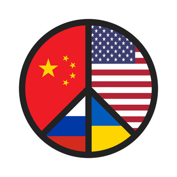 Black Peace icon isolated on white background. Pacific logo, sign. American and Chinese flags. Conflict Russia-Ukraine. Vector illustration. EPS10.