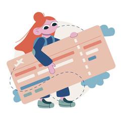 Vector flat cartoon illustration. Woman at the airport. Young girl holds a large plane ticket in her hands.