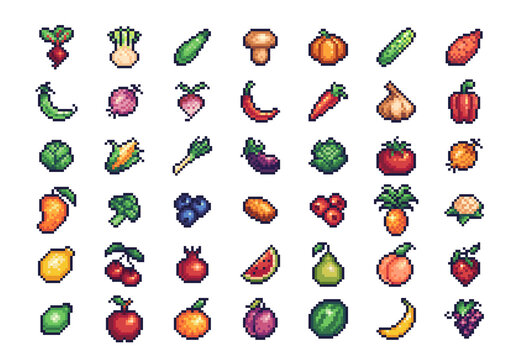 Vegetables and fruits pixel art set. Different garden plants