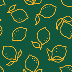 Fototapeta premium Yellow outline lemons seamless pattern with green background.