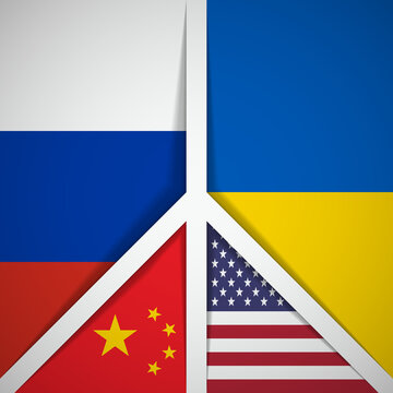 White Peace icon. Conflict Ukraine-Russia. Flags of Russia, Ukraine, China, USA. Reconciliation, truce in Ukraine. Design element for peace movements. Vector illustration. EPS10.