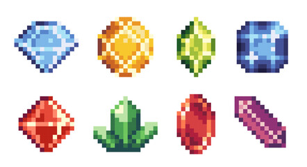 Fototapeta na wymiar Gems: diamond, ruby, emerald, amethyst pixel art icon set. Precious stones and crystals logo collection. 8-bit sprite. Game development, mobile app. Isolated vector illustration.