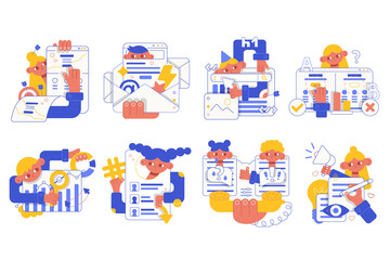 Set vector flat cartoon illustrations. Internet marketing. Seo, testing, support. Landing page and newsletters.