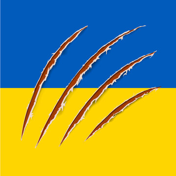 Conflict Ukraine-Russia. Flag of Ukraine. War in Ukraine. Nail trace. Ragged edges. Red claw animal track. Vector illustration. EPS10.