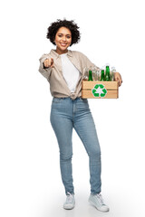 recycling, waste sorting and sustainability concept - happy smiling woman holding wooden box with glass bottles and pointing to camera over white background