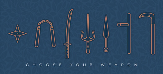 Vector set line symbol of classic ninja weapon. Blue background. © Jan