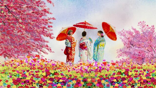 Travel landmarks Japan with panorama animation rendering to Tokyo with women in kimono and spring sakura in summer wind, Watercolor painting landmark Japan woman wearing a kimono holding umbrella.