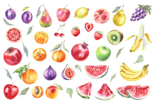 Watercolor Fruits Set, Farm Healthy Food: apple, lemon, pomegranate, banana, peach, watermelon, strawberry, tangerine, сitrus, vegan.
