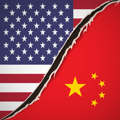 Conflict USA-China. Flags of USA and China. Relationship breakup. Nail trace. Ragged edges. Claw animal track. Vector illustration. EPS10.