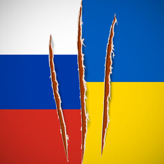 Conflict Ukraine-Russia. Flags of Russia and Ukraine. War in Ukraine. Nail trace. Ragged edges. Red claw animal track. Vector illustration. EPS10.