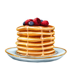 Pancakes with berries and syrup. Illustration, isolated on white.
