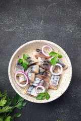 mackerel slice fish in bowl fresh portion healthy meal food diet snack on the table copy space food background rustic vegetarian food pescatarian diet