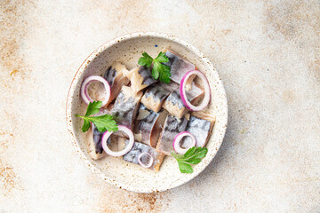 mackerel slice fish in bowl fresh portion healthy meal food diet snack on the table copy space food...
