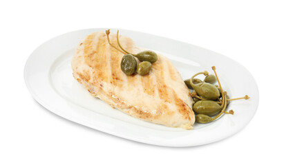 Delicious cooked chicken fillet with capers on white background