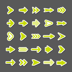 Colorful arrow stickers set. Green cursor icons, pointers collection. Simple arrows in different shapes. Next, back web signs. Vector illustration.