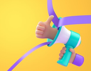 Thumb up in 3D megaphone. 3D render