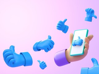 Hand holding a cellphone with flying 3D Likes icons. 3D render