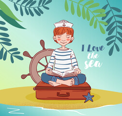 Cute boy sitting on a suitcase and reading a book. Travel and adventure concept