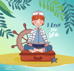 Cute boy sitting on a suitcase and playing with toy sailing boat. Travel vector concept 