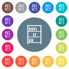 Bookshelf with books outline flat white icons on round color backgrounds