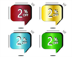 2% off. Red, yellow, blue and green stickers. Vector with four colorful balloons for special offers