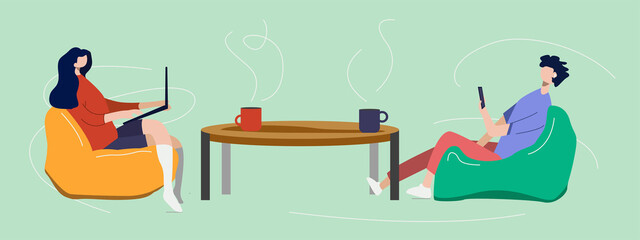 Wife and husband sitting on the chair, living room interior with furniture