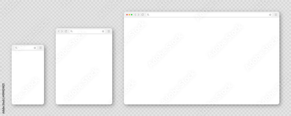 Poster blank web browser window with toolbar and search field. modern website, internet page in flat style.