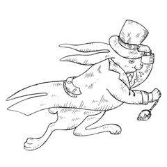 Engraving-style running rabbit in top hat and tailcoat with pocket watch, character from fairy tale Alice in Wonderland