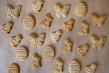 Fototapeta na wymiar Cut from the dough cookies in the form of Easter symbols of egg, rabbit, butterfly and chicken.
