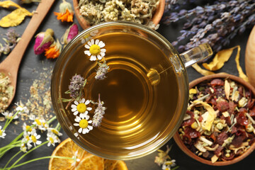 Glass cup of aromatic freshly brewed tea near different dry herbs on black table, flat lay