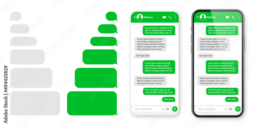 Wall mural realistic smartphone with messaging app. blank sms text frame. conversation chat screen with green m
