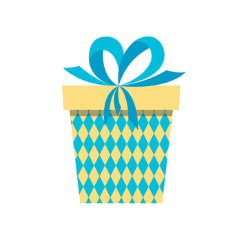 Gift box. Yellow blue present box with blue bow. Flat, cartoon, vector