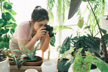 Smiling young woman taking smartphone picture of plant in a small shop
