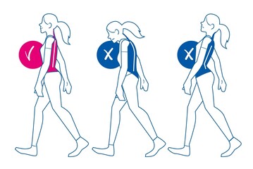 Correct and incorrect human spine posture advice during walk. Right and wrong back physical position comparison