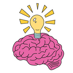 Vector image of a light bulb and a pink brain in a flat style. Idea symbol 