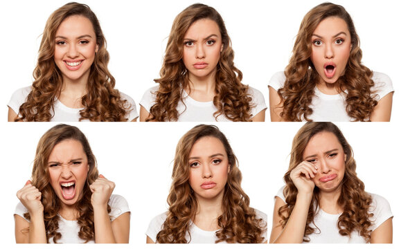collage with different emotions in one young woman on a white background