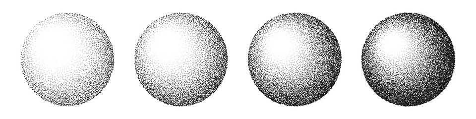 Round shaped dotted objects, stipple elements. Fading gradient. Stippling, dotwork drawing, shading using dots. Pixel disintegration, halftone effect. White noise grainy texture. Vector illustration