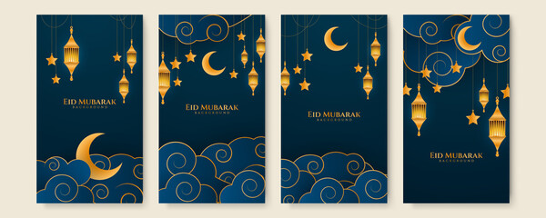 Fototapeta na wymiar Eid ramadan mubarak background for social media stories template banners. Arabic islamic middle east lantern moon crescent mosque design for social media template