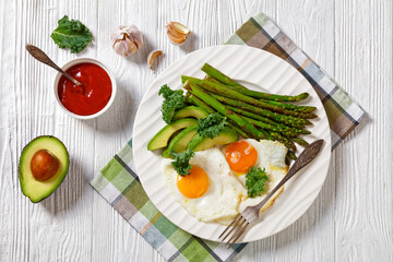 roast asparagus, ripe avocado and fried eggs