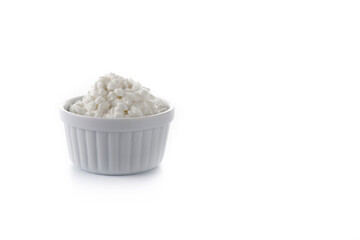 Fresh cottage cheese isolated on white background. Copy space