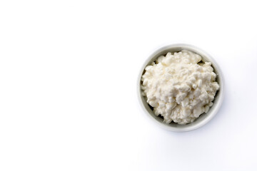 Fresh cottage cheese isolated on white background. Top view. Copy space